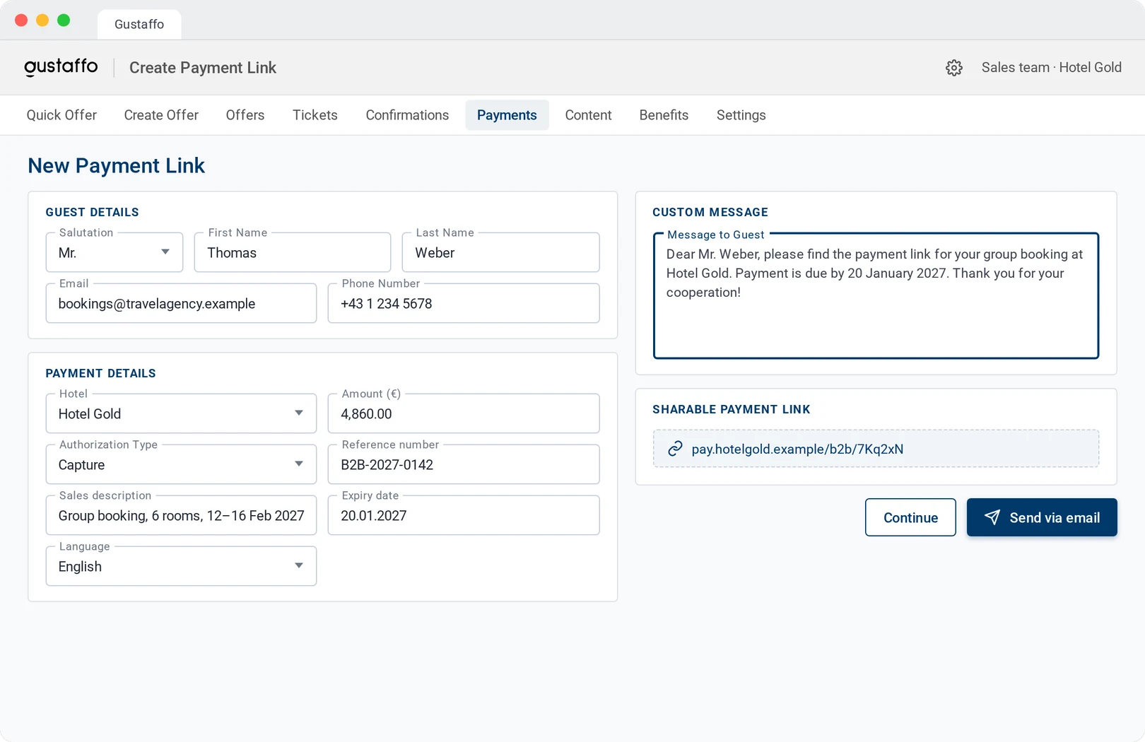 New Payment Link for a B2B group booking