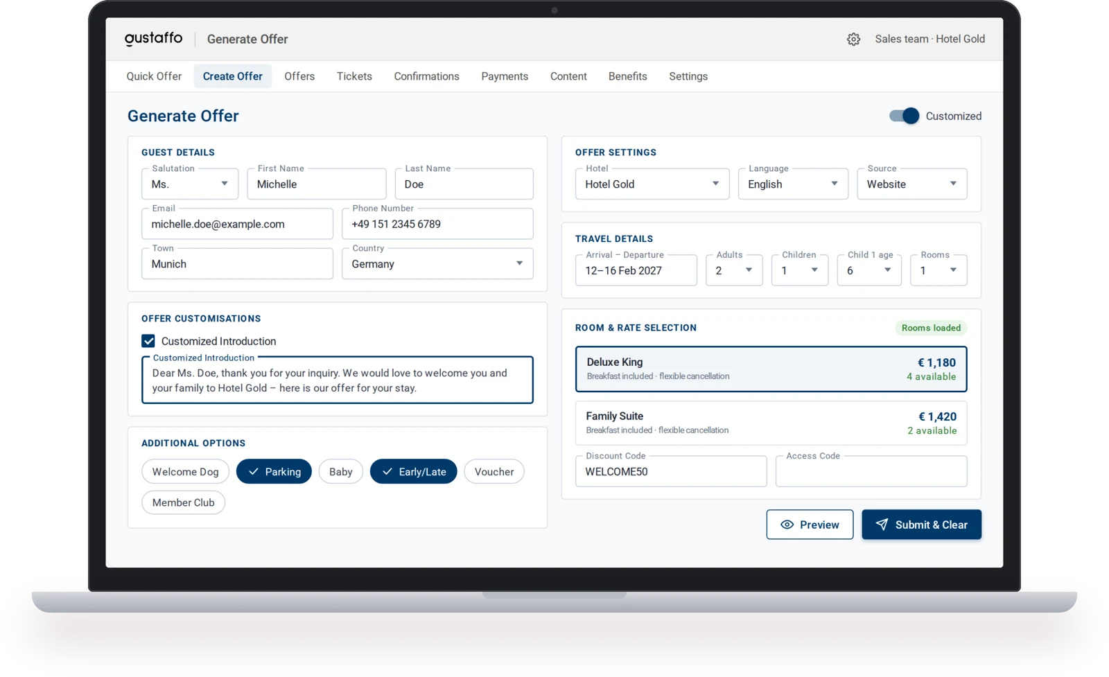 Offers & Bookings on a laptop: the hotel team prepares an offer with rooms, rates and extras